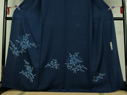平和屋着物▽無形文化財保持者　古庄理一郎　本藍染め　訪問着　単衣　萩文　反端付き　正絹　逸品　AABG3775jh