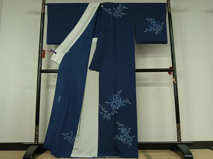 平和屋着物▽無形文化財保持者　古庄理一郎　本藍染め　訪問着　単衣　萩文　反端付き　正絹　逸品　AABG3775jh