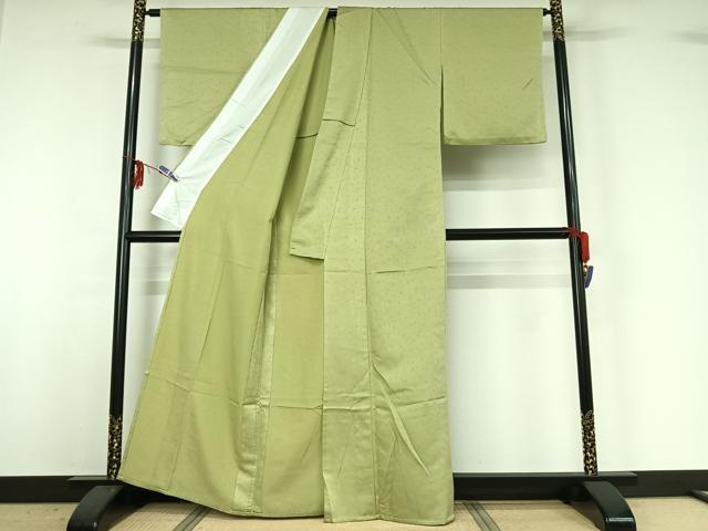 平和屋着物▽上質な色無地 単衣 花唐草地紋 若菜色 正絹 逸品 AABG3776jh