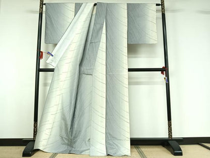 平和屋着物▽上質な紬 単衣 変わり斜縞 正絹 逸品 AABG3779jh
