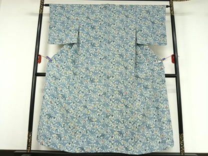 平和屋着物▽上質な小紋 単衣 藍 型染め 花鳥文 鬼しぼ縮緬 正絹 逸品 AABG3780jh