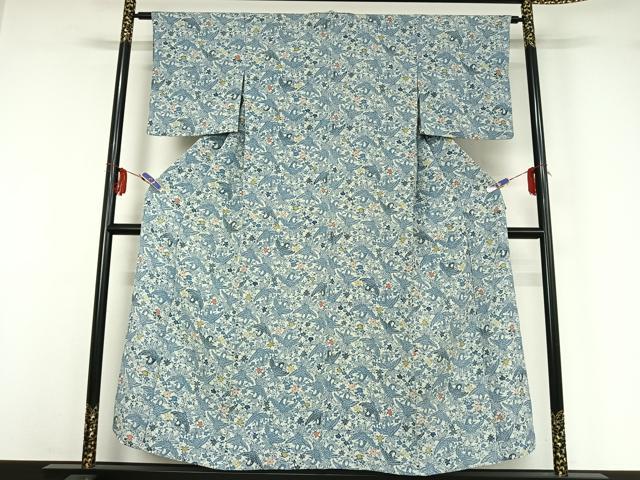 平和屋着物▽上質な小紋 単衣 藍 型染め 花鳥文 鬼しぼ縮緬 正絹 逸品 AABG3780jh