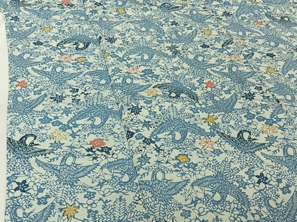 平和屋着物▽上質な小紋 単衣 藍 型染め 花鳥文 鬼しぼ縮緬 正絹 逸品 AABG3780jh