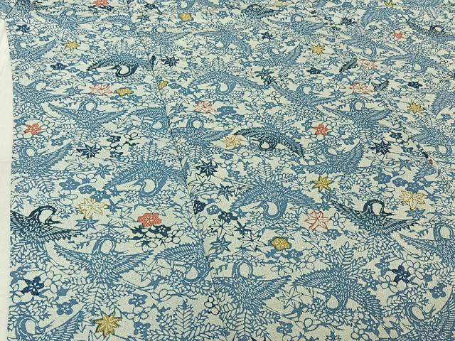 平和屋着物▽上質な小紋 単衣 藍 型染め 花鳥文 鬼しぼ縮緬 正絹 逸品 AABG3780jh