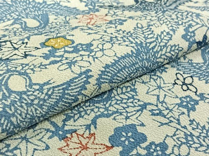 平和屋着物▽上質な小紋 単衣 藍 型染め 花鳥文 鬼しぼ縮緬 正絹 逸品 AABG3780jh