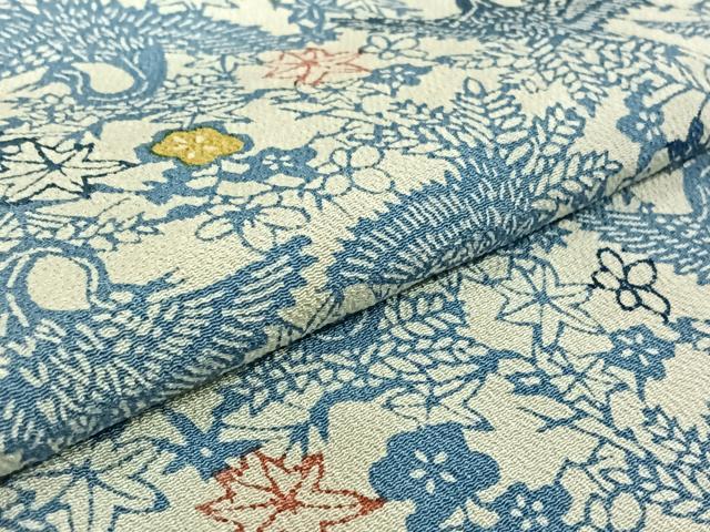 平和屋着物▽上質な小紋 単衣 藍 型染め 花鳥文 鬼しぼ縮緬 正絹 逸品 AABG3780jh