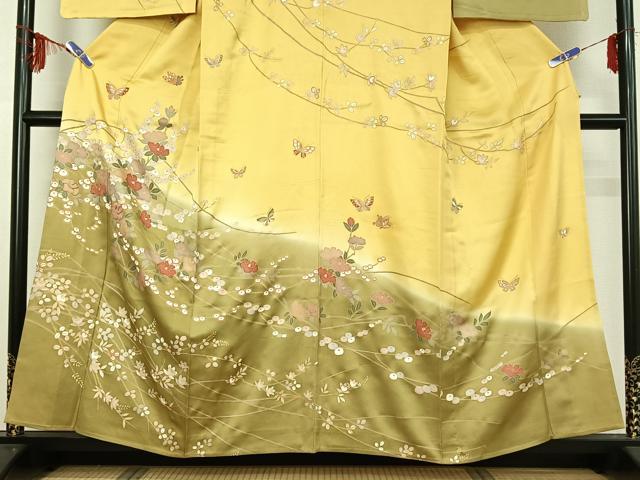 平和屋着物▽訪問着 単衣 駒刺繍 花蝶文 暈し染め 金彩 正絹 逸品 AABG3782jh