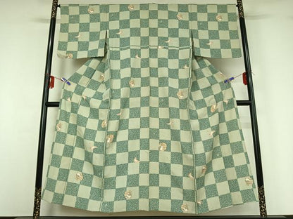 平和屋着物▽上質な小紋 単衣 市松舞花文 兎 正絹 逸品 AABG3786jh