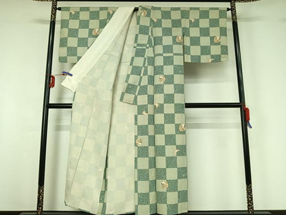 平和屋着物▽上質な小紋 単衣 市松舞花文 兎 正絹 逸品 AABG3786jh