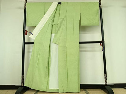 平和屋着物▽上質な紬 単衣 若菜色 正絹 逸品 AABG3790jh
