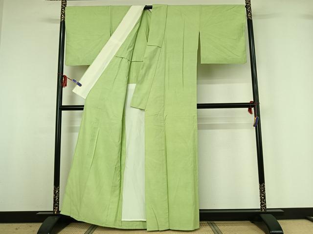 平和屋着物▽上質な紬 単衣 若菜色 正絹 逸品 AABG3790jh