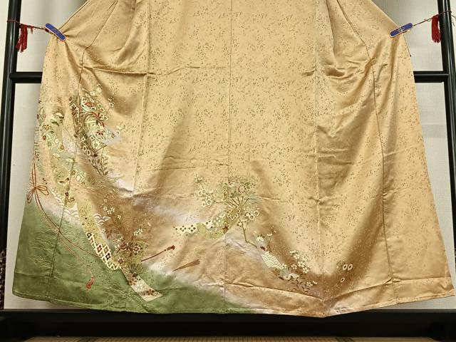 平和屋着物▽訪問着 単衣 扇面花鳥文 暈し染め 金彩 正絹 逸品 AABG3791jh