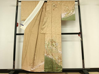 平和屋着物▽訪問着 単衣 扇面花鳥文 暈し染め 金彩 正絹 逸品 AABG3791jh