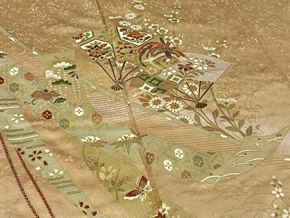 平和屋着物▽訪問着 単衣 扇面花鳥文 暈し染め 金彩 正絹 逸品 AABG3791jh