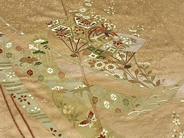 平和屋着物▽訪問着 単衣 扇面花鳥文 暈し染め 金彩 正絹 逸品 AABG3791jh