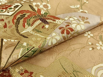 平和屋着物▽訪問着 単衣 扇面花鳥文 暈し染め 金彩 正絹 逸品 AABG3791jh