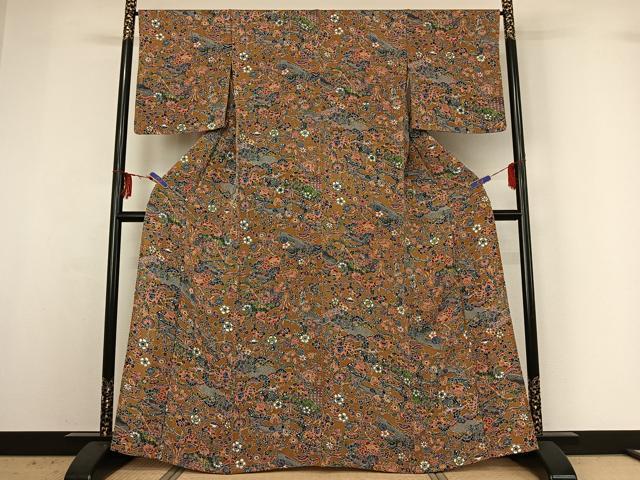平和屋着物▽上質な小紋 単衣 型染め 風景花文 鬼しぼ縮緬 やまと誂製 正絹 逸品 AABG3809jh