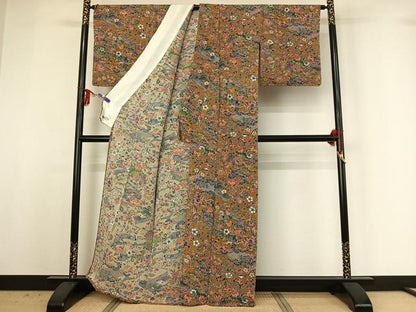 平和屋着物▽上質な小紋 単衣 型染め 風景花文 鬼しぼ縮緬 やまと誂製 正絹 逸品 AABG3809jh