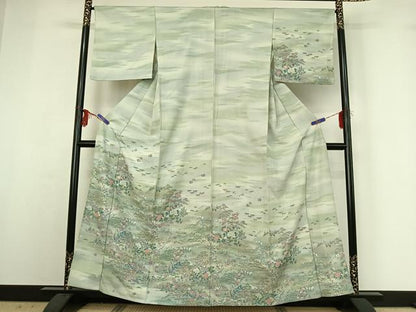 平和屋着物▽訪問着 単衣 手描き 風景人物花文 暈し染め 金彩 正絹 逸品 AABG3810jh