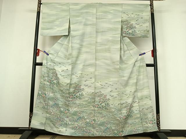 平和屋着物▽訪問着 単衣 手描き 風景人物花文 暈し染め 金彩 正絹 逸品 AABG3810jh