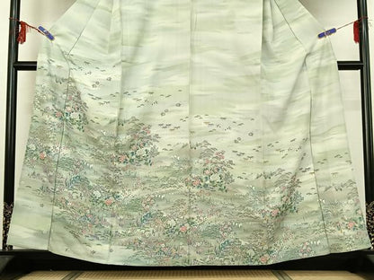 平和屋着物▽訪問着 単衣 手描き 風景人物花文 暈し染め 金彩 正絹 逸品 AABG3810jh