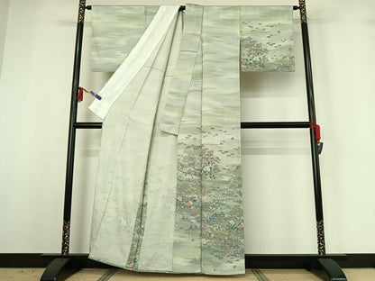 平和屋着物▽訪問着 単衣 手描き 風景人物花文 暈し染め 金彩 正絹 逸品 AABG3810jh