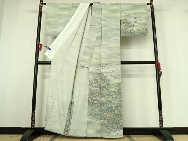 平和屋着物▽訪問着 単衣 手描き 風景人物花文 暈し染め 金彩 正絹 逸品 AABG3810jh