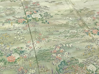 平和屋着物▽訪問着 単衣 手描き 風景人物花文 暈し染め 金彩 正絹 逸品 AABG3810jh