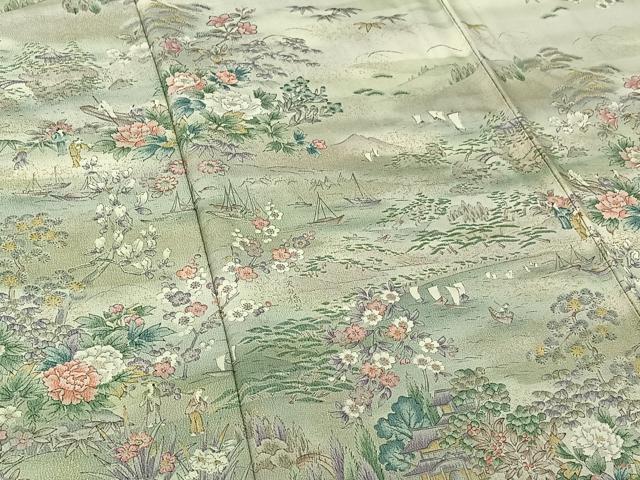 平和屋着物▽訪問着 単衣 手描き 風景人物花文 暈し染め 金彩 正絹 逸品 AABG3810jh