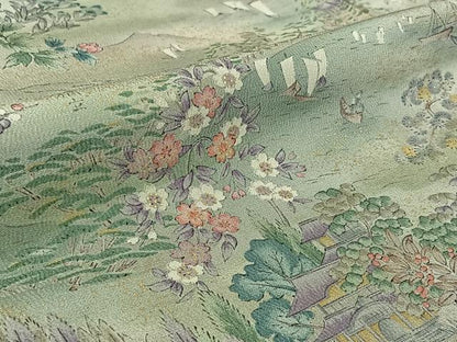 平和屋着物▽訪問着 単衣 手描き 風景人物花文 暈し染め 金彩 正絹 逸品 AABG3810jh