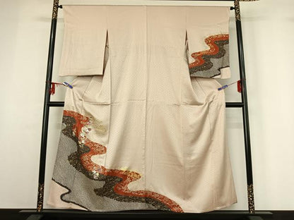 平和屋着物▽訪問着 単衣 中国三大刺繍 相良刺繍 駒刺繍 絞り 道長花文 金彩 正絹 逸品 AABG3811jh