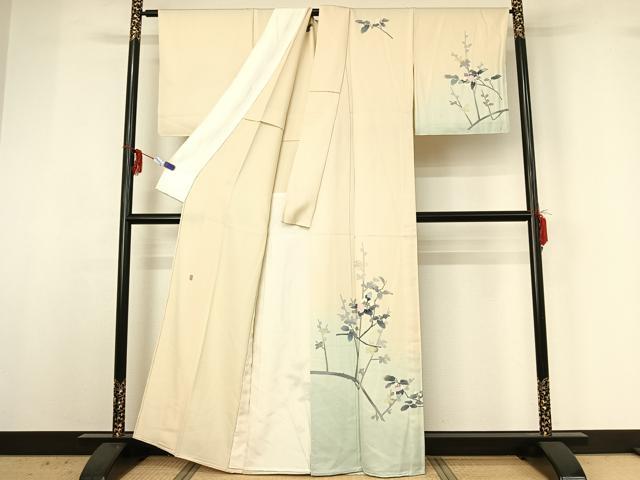 平和屋着物▽訪問着 単衣 友禅 作家物 枝花文 暈し染め 正絹 逸品 AABG3813jh