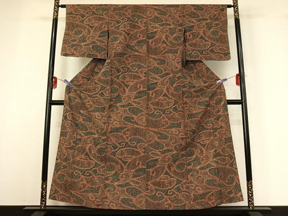 平和屋着物▽上質な紬 単衣 唐草文 正絹 逸品 AABG3814jh