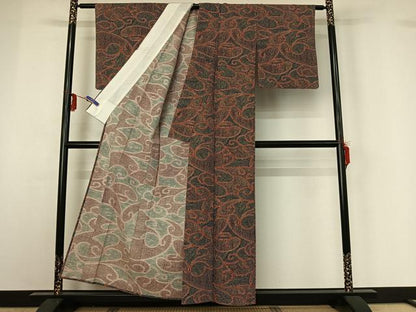 平和屋着物▽上質な紬 単衣 唐草文 正絹 逸品 AABG3814jh