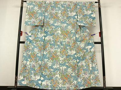平和屋着物▽上質な小紋　単衣　型染め　花車文　正絹　逸品　AABG3815jh