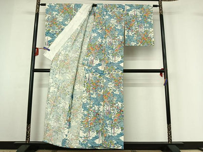 平和屋着物▽上質な小紋　単衣　型染め　花車文　正絹　逸品　AABG3815jh