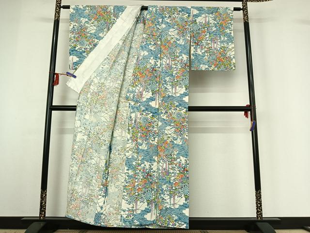 平和屋着物▽上質な小紋　単衣　型染め　花車文　正絹　逸品　AABG3815jh