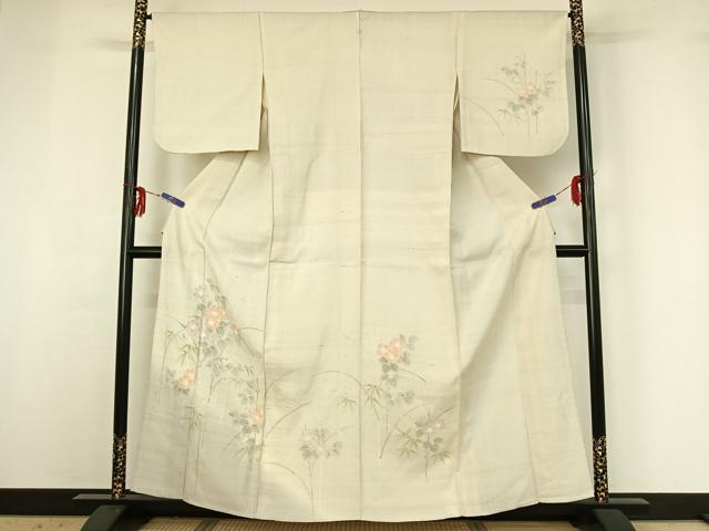 平和屋着物▽訪問着 単衣 生紬 手描き 草花文 正絹 逸品 AABG3823jh