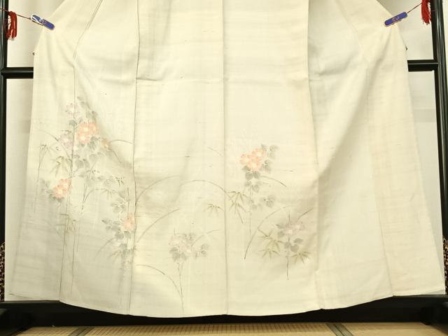 平和屋着物▽訪問着 単衣 生紬 手描き 草花文 正絹 逸品 AABG3823jh