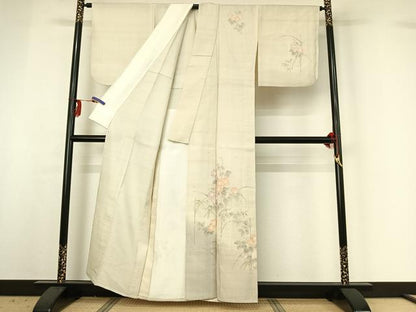 平和屋着物▽訪問着 単衣 生紬 手描き 草花文 正絹 逸品 AABG3823jh