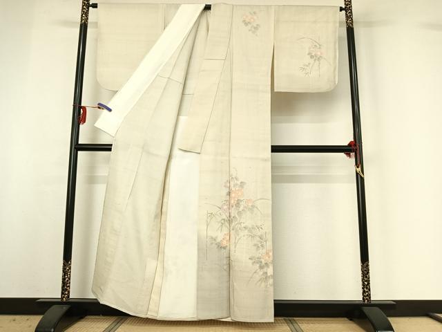平和屋着物▽訪問着 単衣 生紬 手描き 草花文 正絹 逸品 AABG3823jh