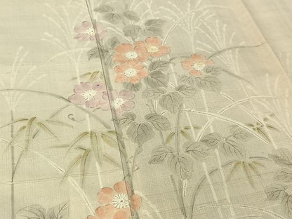 平和屋着物▽訪問着 単衣 生紬 手描き 草花文 正絹 逸品 AABG3823jh