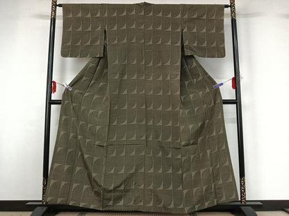 平和屋着物▽上質な紬 単衣 幾何学文様 正絹 逸品 AABG3826jh