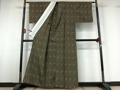 平和屋着物▽上質な紬 単衣 幾何学文様 正絹 逸品 AABG3826jh