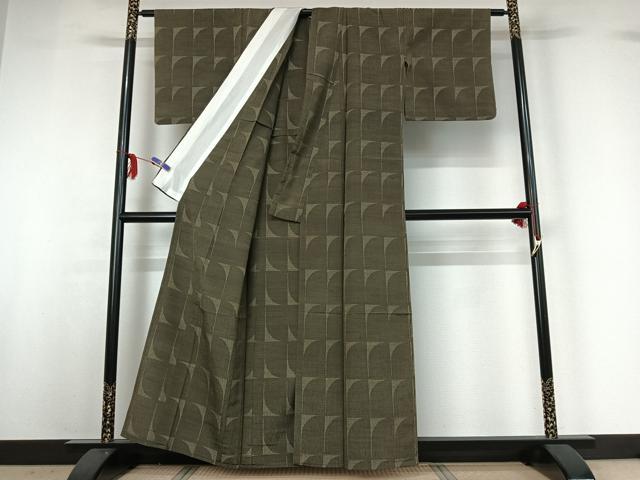 平和屋着物▽上質な紬 単衣 幾何学文様 正絹 逸品 AABG3826jh