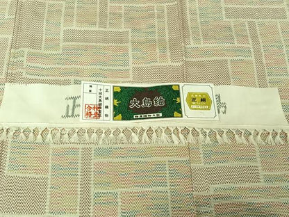 平和屋着物▽大島紬 単衣 幾何学文様 大丸扱い 反端付き 正絹 逸品 AABG3827jh