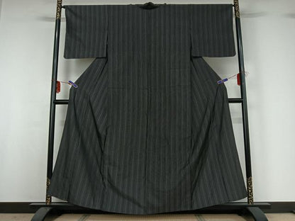 平和屋着物▽お召 単衣 縞 正絹 逸品 AABG3828jh