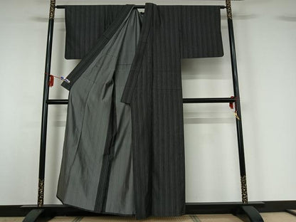 平和屋着物▽お召 単衣 縞 正絹 逸品 AABG3828jh