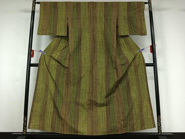 平和屋着物▽上質な紬 単衣 縞 正絹 逸品 AABG3829jh