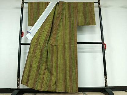 平和屋着物▽上質な紬 単衣 縞 正絹 逸品 AABG3829jh